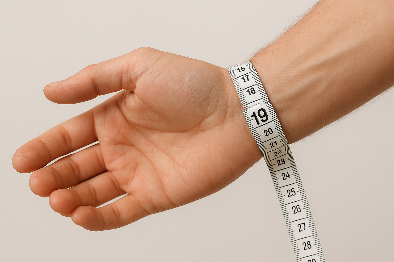 mano mostrando la muñeca con una cinta metrica rodeandola justo en el numero 19